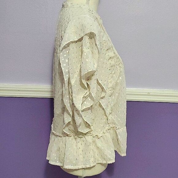 Max Ivory Swiss Dots Pintuck Flutter Sleeves Boho Romantic Button Down Top - Picture 5 of 8